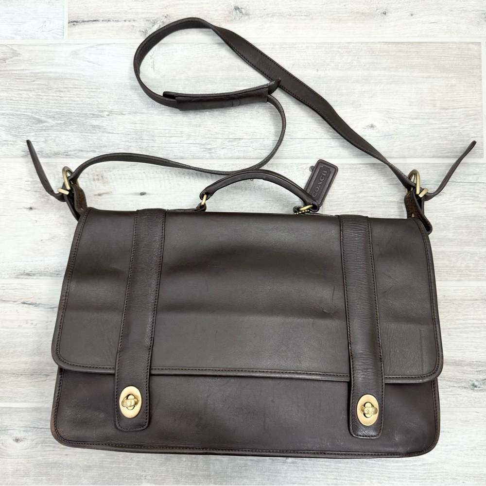 Coach Dark Brown Leather Messenger Bag with Gold Hardware